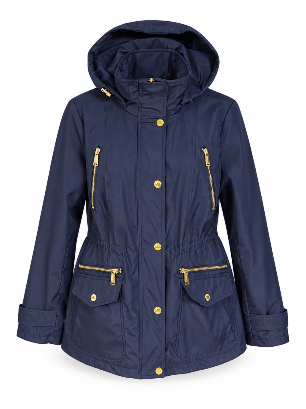 Michael Kors Navy Blue & Gold Hardware Hooded Water Resistant Coat Womens M